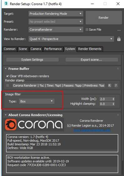 Corona System tab Image filter set to Box screenshot